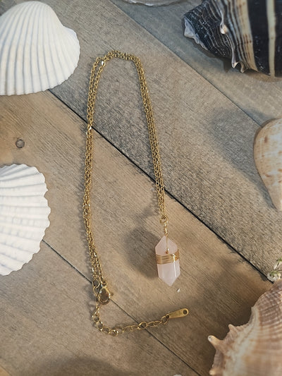 Gold Wired Natural Stone Pendant - Pink Quartz