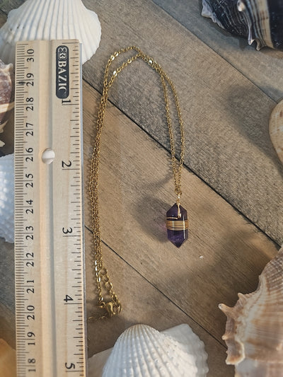 Gold Wired Natural Stone Pendant - Amethyst