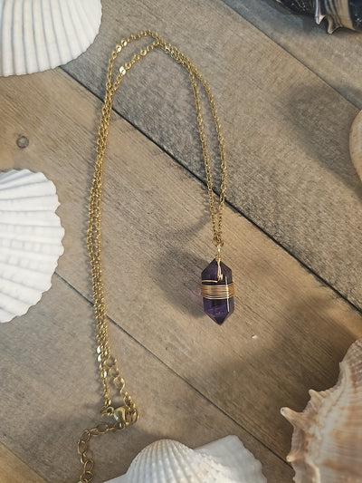 Gold Wired Natural Stone Pendant - Amethyst