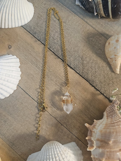 Gold Wired Natural Stone Pendant - White Quartz