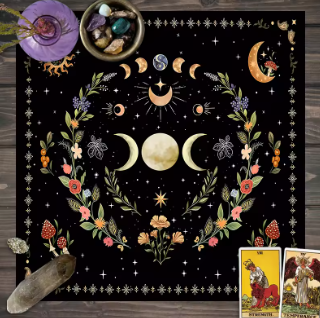 Moon and Flower Table Cloth - Altar Cloth for Tarot Card Reading or Ritual - Square - 29.5 inches x 29.5 inches - Black